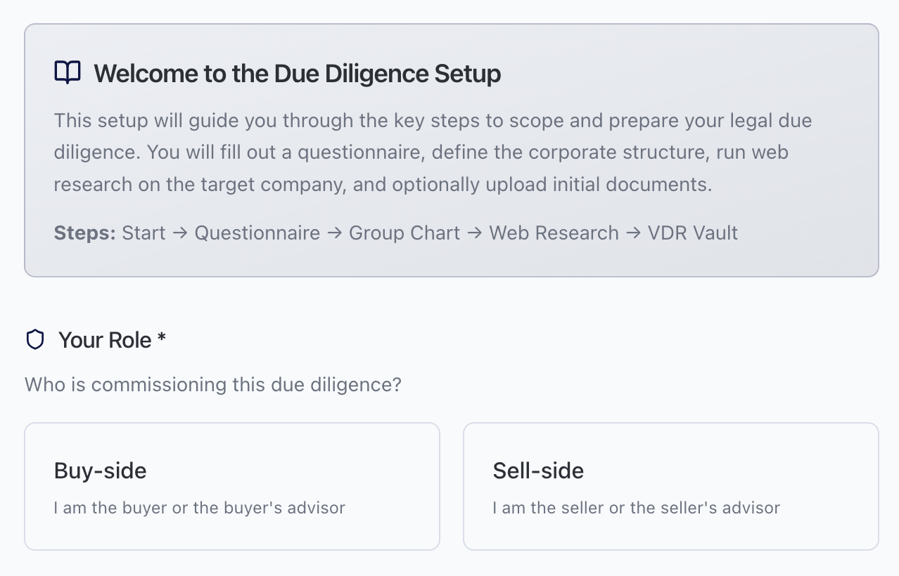Deal questionnaire, selecting buy-side or sell-side and the parties